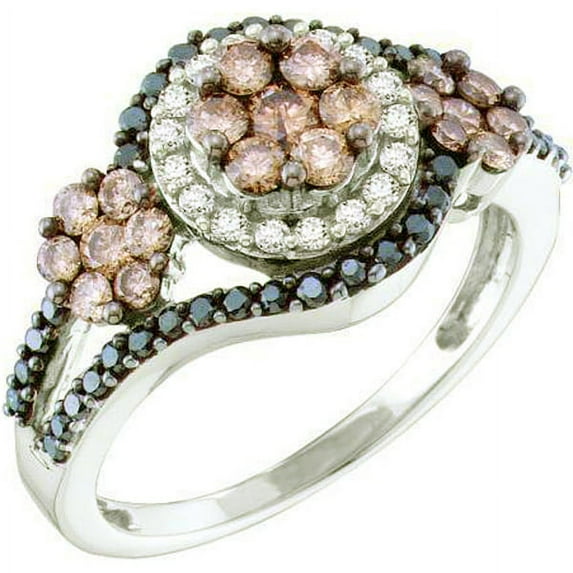 Dazzlingrock Collection 1.00 Carat (ctw) 14k Round White, Black & Cognac Diamond Bridal Cluster Right Hand Ring 1 CT, White Gold