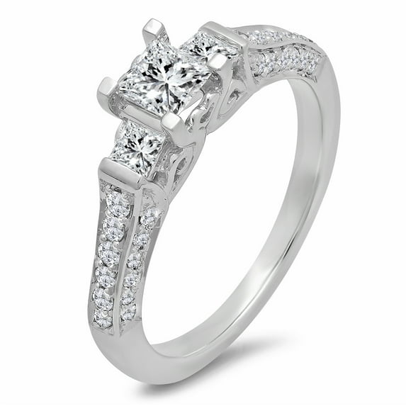 Dazzlingrock Collection 1.00 Carat (ctw) 18k Princess & Round 3 Stone Diamond Ladies Bridal Engagement Ring 1 CT, White Gold, Size 7