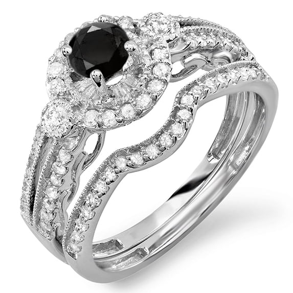 Dazzlingrock Collection 1.00 Carat (ctw) 18k Round Black And White Diamond Halo Bridal Engagement Ring Set, White Gold, Size 7.5