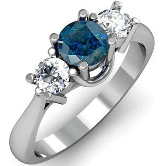 Dazzlingrock Collection 1.00 Carat (ctw) 18k Round Blue and White Diamond Ladies 3 Stone Bridal Ring 1 CT, White Gold, Size 8
