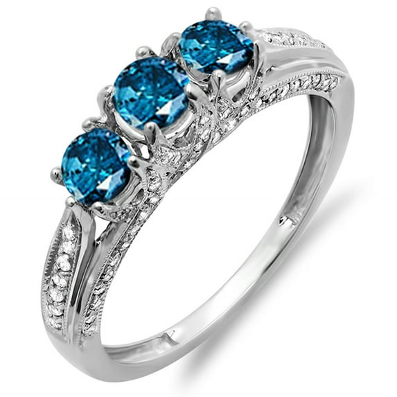 Dazzlingrock Collection 1.00 Carat (ctw) 18k White And Blue Diamond Vintage Bridal 3 Stone Engagement Ring, White Gold, Size 8