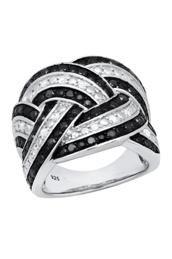 Collection 1.00 Carat (ctw) Round Black & White Diamond Bridal Swirl Ribbon Right Hand Ring for Women in 925 Sterling Silver, Size 7