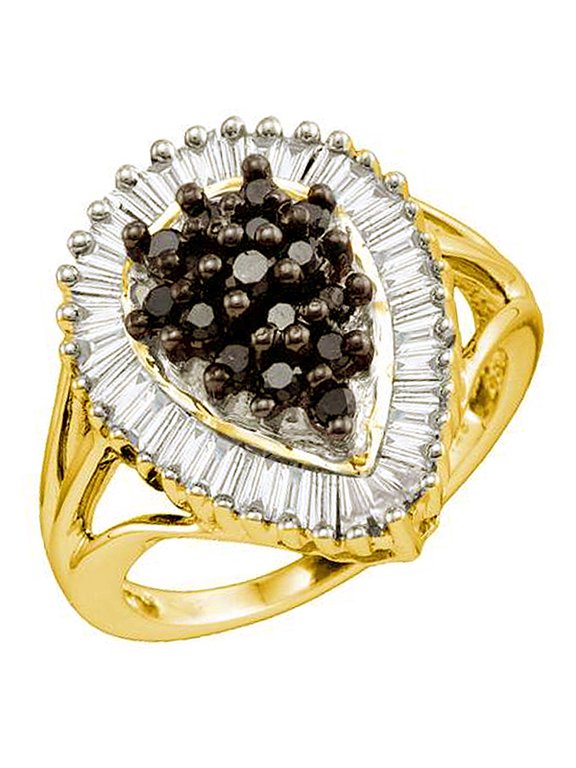 Collection 1.003 Carat (Ctw) 18K Yellow Gold Plated Sterling Silver Black And White Diamond Right Hand Cluster Ring, Sterling Silver, Size 7