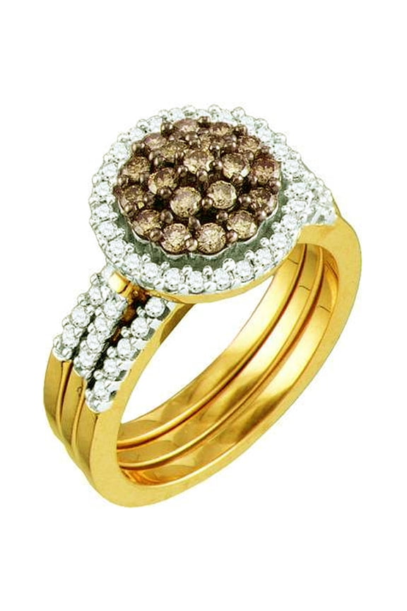 Collection 1.01 Carat (ctw) 10K Round White & Cognac Diamond Ladies Cluster Flower Right Hand Ring 1 CT, Yellow Gold
