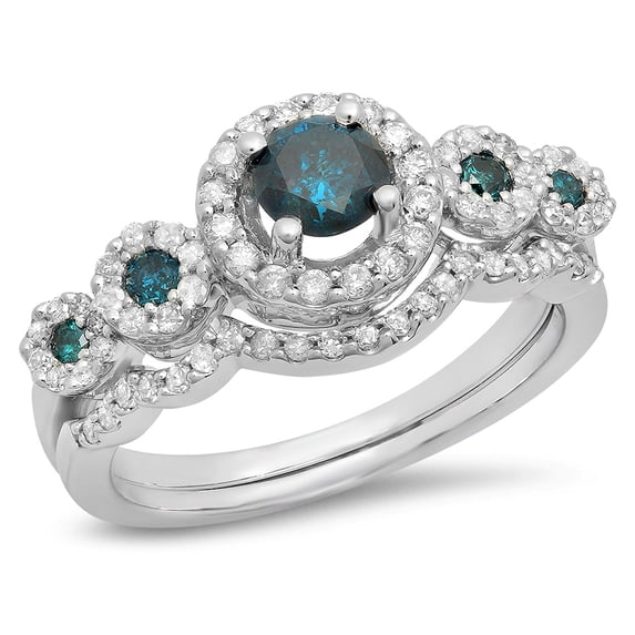 Dazzlingrock Collection 1.05 Carat (Ctw) 14K Blue & White Diamond 5 Stone Halo Bridal Engagement Ring Set, White Gold, Size 6.5