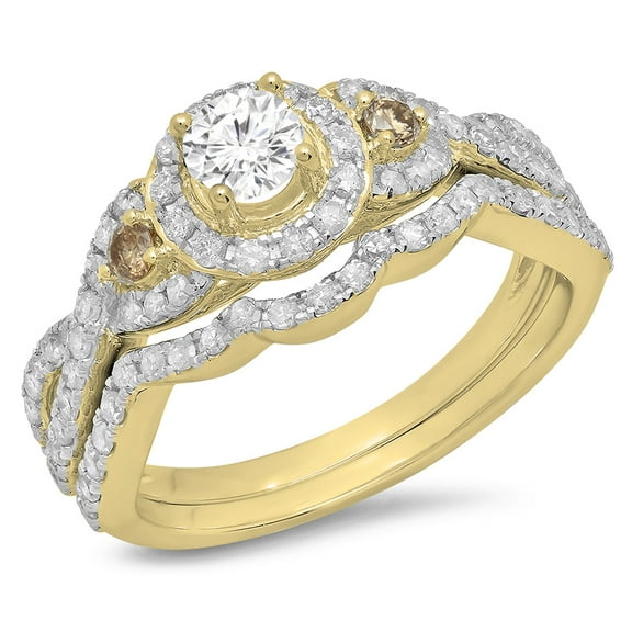 Dazzlingrock Collection 1.05 Carat (Ctw) 14K Champagne & White Diamond 3 Stone Halo Engagement Ring Set, Yellow Gold, Size 6.5