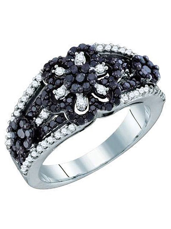 Collection 1.05 Carat (ctw) 10k Round Black & White Diamond Ladies Cluster Flower Right Hand Ring, White Gold