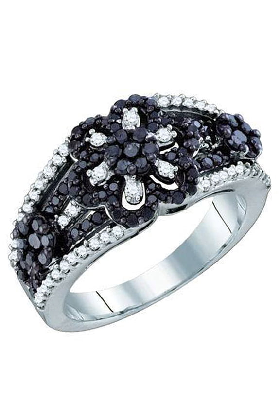 Collection 1.05 Carat (ctw) 10k Round Black & White Diamond Ladies Cluster Flower Right Hand Ring, White Gold