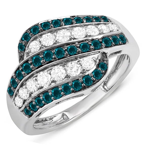 Dazzlingrock Collection 1.05 Carat (ctw) 10k Round Blue & White Diamond Ladies Cocktail Right Hand 1 CT, White Gold, Size 6.5