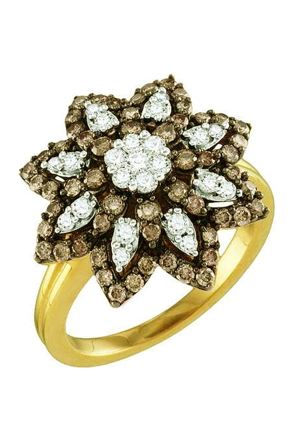 Collection 1.06 Carat (ctw) 10K Round Cognac & White Diamond Ladies Cluster Flower Right Hand Ring 1 CT, Yellow Gold
