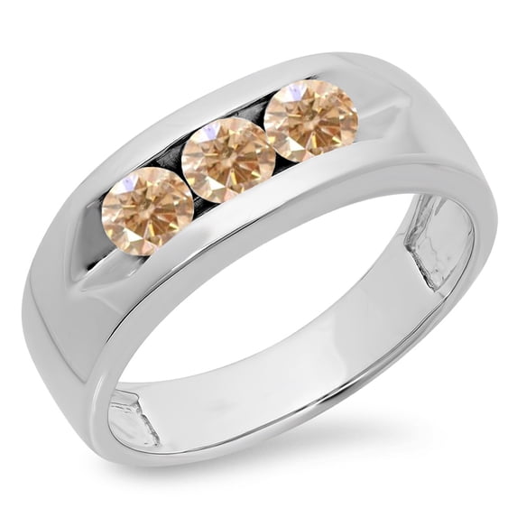 Dazzlingrock Collection 1.10 Carat (ctw) 10K Real Round Champagne Diamond Men's 3 Stone Wedding Band 1 CT, White Gold, Size 10.5