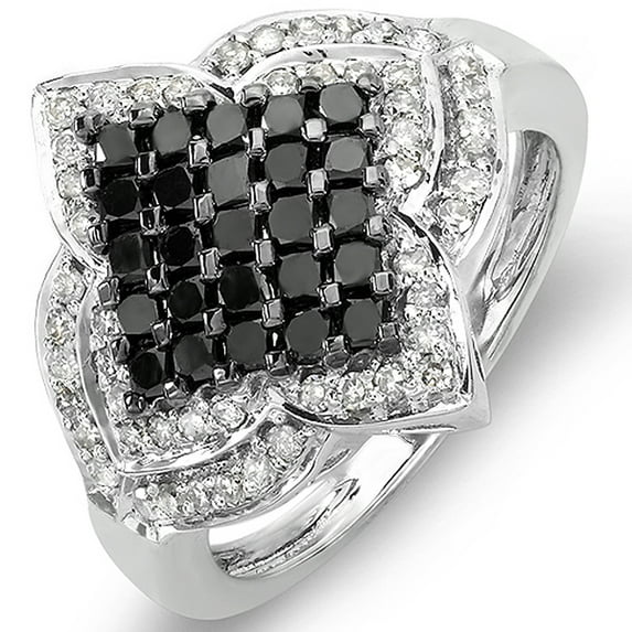 Dazzlingrock Collection 1.10 Carat (ctw) 10k Black & White Round Diamond Ladies Cocktail Ring 1 CT, White Gold, Size 8.5
