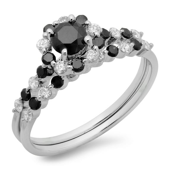 Dazzlingrock Collection 1.10 Carat (ctw) 14K Black And White Diamond Bridal Halo Engagement Ring Set 1 CT, White Gold, Size 6