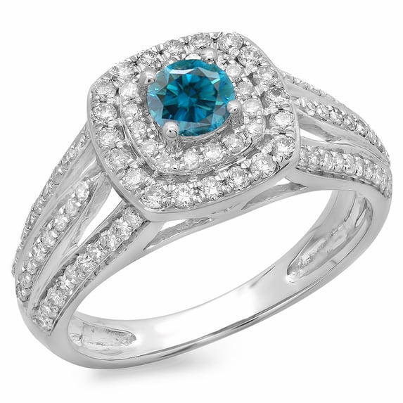 Dazzlingrock Collection 1.10 Carat (ctw) 14K Blue & White Diamond Split Shank Halo Engagement Ring 1 CT, White Gold, Size 7.5