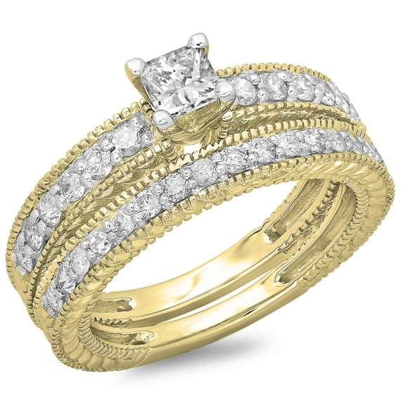 Dazzlingrock Collection 1.10 Carat (ctw) 14K Princess & Round Diamond Vintage Engagement Ring Set 1 CT, Yellow Gold, Size 8