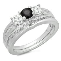 Dazzlingrock Collection 1.10 Carat (ctw) 14K Round Black & White Diamond Bridal 3 Stone Ring Set 1 CT, White Gold, Size 4.5