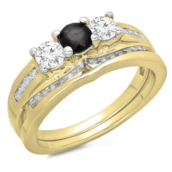 Dazzlingrock Collection 1.10 Carat (ctw) 14K Round Black & White Diamond Bridal 3 Stone Ring Set 1 CT, Yellow Gold, Size 4