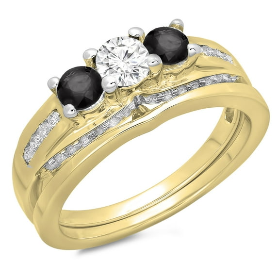 Dazzlingrock Collection 1.10 Carat (ctw) 14K Round Black & White Diamond Bridal 3 Stone Ring Set 1 CT, Yellow Gold, Size 5