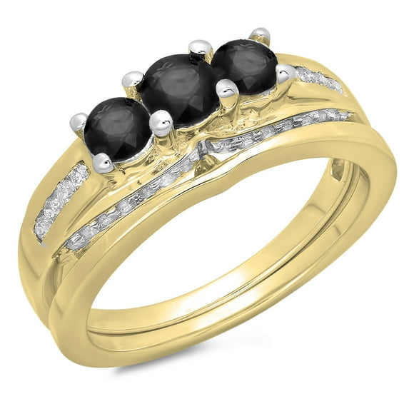 Dazzlingrock Collection 1.10 Carat (ctw) 14K Round Black & White Diamond Bridal 3 Stone Ring Set 1 CT, Yellow Gold, Size 7.5