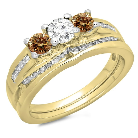 Dazzlingrock Collection 1.10 Carat (ctw) 14K Round Champagne & White Diamond Bridal 3 Stone Ring Set 1 CT, Yellow Gold, Size 4.5