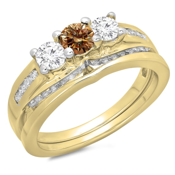 Dazzlingrock Collection 1.10 Carat (ctw) 14K Round Champagne & White Diamond Bridal 3 Stone Ring Set 1 CT, Yellow Gold, Size 9