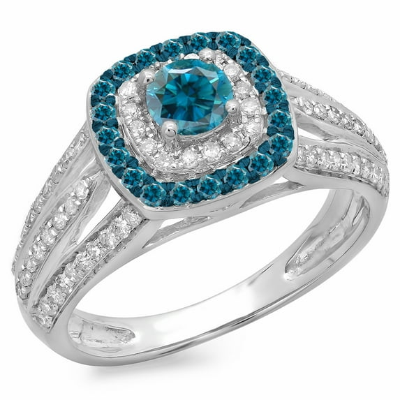 Dazzlingrock Collection 1.10 Carat (ctw) 14K Round Cut Blue & White Diamond Vintage Bridal Halo Ring 1 CT, White Gold, Size 7