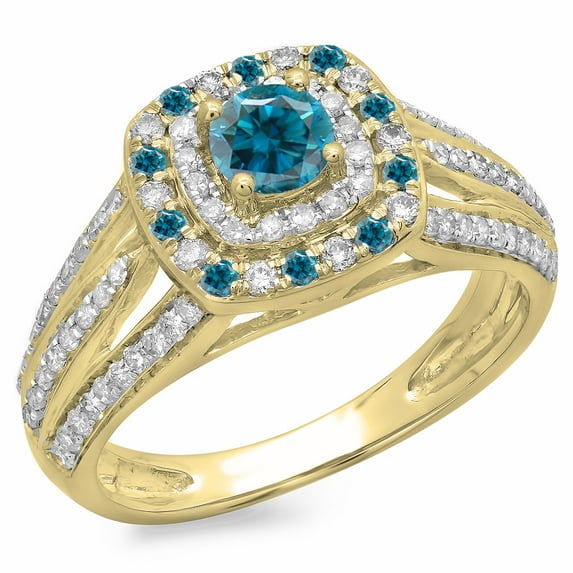 Dazzlingrock Collection 1.10 Carat (ctw) 14K Round Cut Blue & White Diamond Vintage Bridal Halo Ring 1 CT, Yellow Gold, Size 7