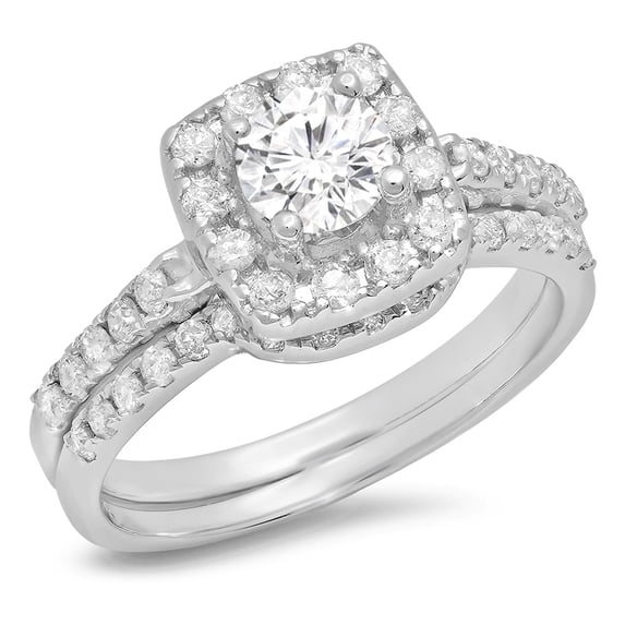Dazzlingrock Collection 1.10 Carat (ctw) 14K Round Cut Diamond Ladies Bridal Halo Style Engagement Ring With Matching Band 1 CT, White Gold, Size 9