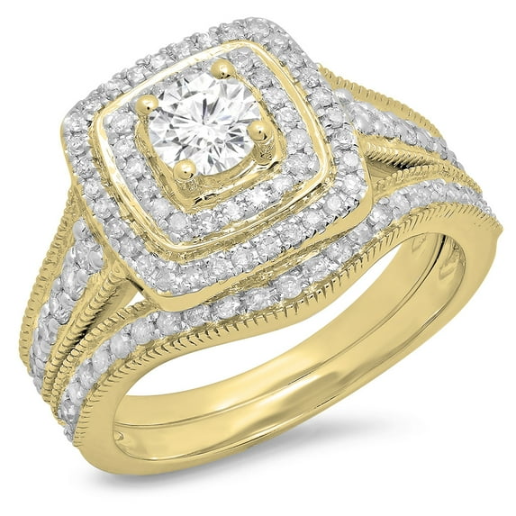 Dazzlingrock Collection 1.10 Carat (ctw) 14K Round White Diamond Ladies Bridal Halo Engagement Ring Set, Yellow Gold, Size 7