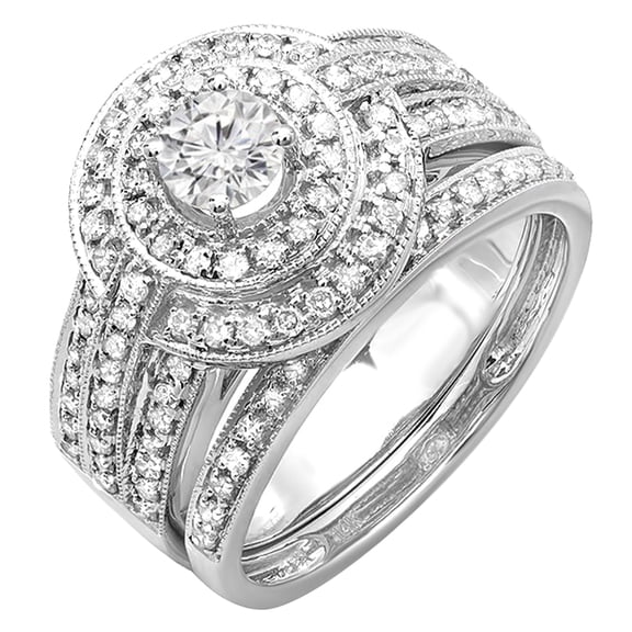 Dazzlingrock Collection 1.10 Carat (ctw) Round White Diamond Clustered Halo Style Engagement Ring Set for Her | 14K White Gold, Ring Size 8