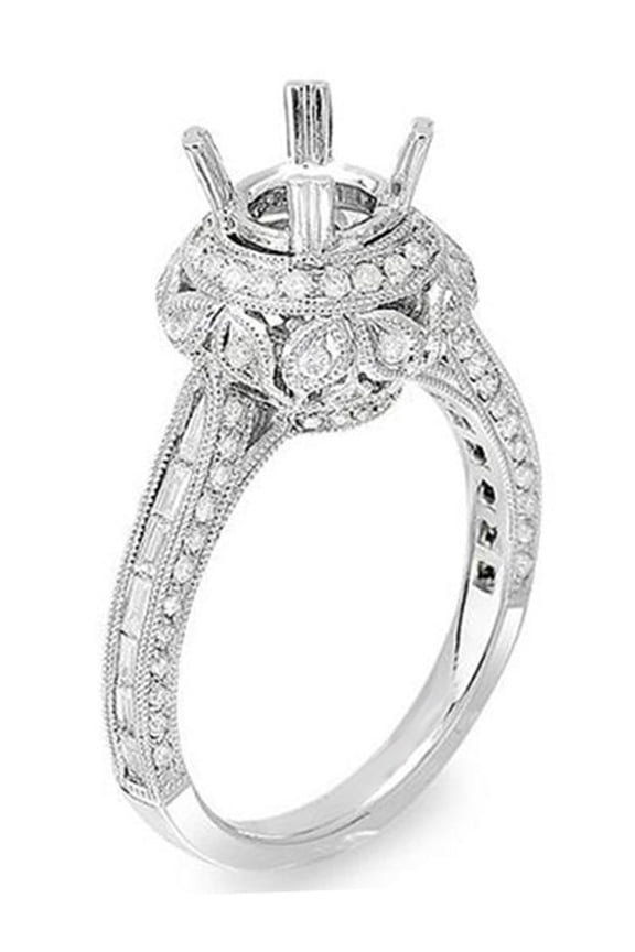 Collection 1.15 Carat (Ctw) 14k Brilliant Round & Baguette Cut Diamond Vintage Antique Look Semi Mount Ladies Engagement Bridal Ring (No Center Stone), White Gold, Size 7