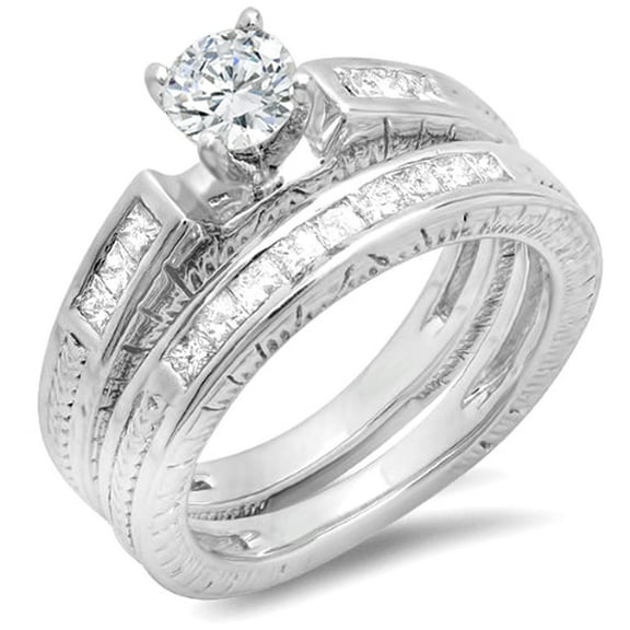Dazzlingrock Collection 1.15 Carat (Ctw) 14k Round and Princess Diamond Ladies Bridal Ring Set with Matching Wedding Band (Center Diamond 0.55 CT), White Gold, Size 6
