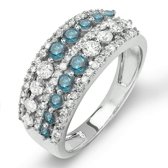 Dazzlingrock Collection 1.15 Carat (ctw) 10k Round Blue And White Diamond Ladies Anniversary Wedding Band, White Gold, Size 6.5