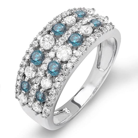 Dazzlingrock Collection 1.15 Carat (ctw) 10k Round Blue And White Diamond Ladies Anniversary Wedding Band, White Gold, Size 6.5
