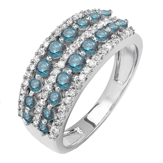 Dazzlingrock Collection 1.15 Carat (ctw) 10k Round Blue And White Diamond Ladies Anniversary Wedding Band, White Gold, Size 9