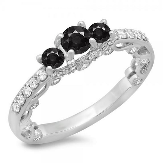 Dazzlingrock Collection 1.15 Carat (ctw) 14K Black & White Diamond Bridal Vintage 3 Stone Engagement Ring, White Gold, Size 5