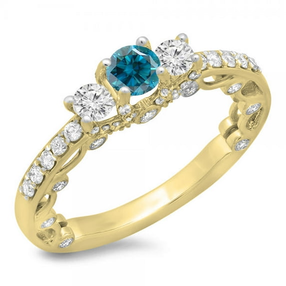 Dazzlingrock Collection 1.15 Carat (ctw) 14K Blue & White Diamond Bridal Vintage 3 Stone Engagement Ring, Yellow Gold, Size 5