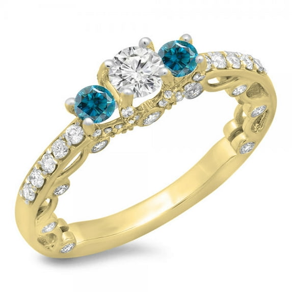 Dazzlingrock Collection 1.15 Carat (ctw) 14K Blue & White Diamond Bridal Vintage 3 Stone Engagement Ring, Yellow Gold, Size 8.5