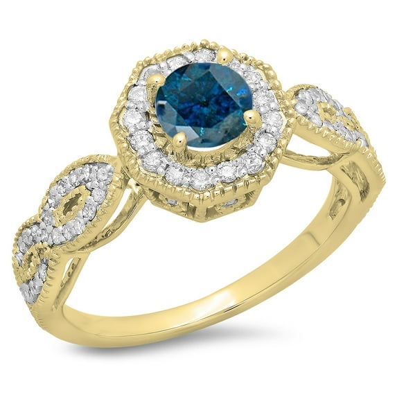 Dazzlingrock Collection 1.15 Carat (ctw) 14K Blue & White Diamond Bridal Vintage Halo Engagement Ring, Yellow Gold, Size 7.5