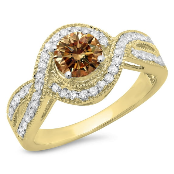 Dazzlingrock Collection 1.15 Carat (ctw) 14K Champagne & White Diamond Swirl Bridal Halo Engagement Ring, Yellow Gold, Size 6.5