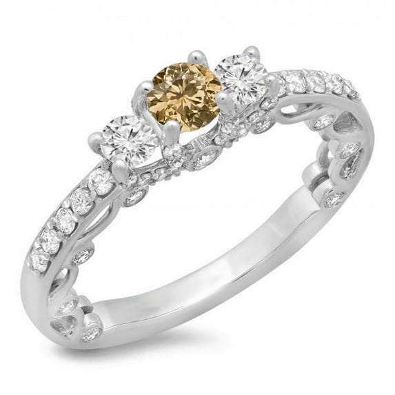 Dazzlingrock Collection 1.15 Carat (ctw) 14K Champagne & White Diamond Vintage 3 Stone Engagement Ring, White Gold, Size 6