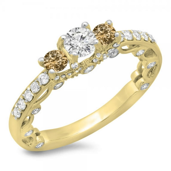 Dazzlingrock Collection 1.15 Carat (ctw) 14K Champagne & White Diamond Vintage 3 Stone Engagement Ring, Yellow Gold, Size 6.5