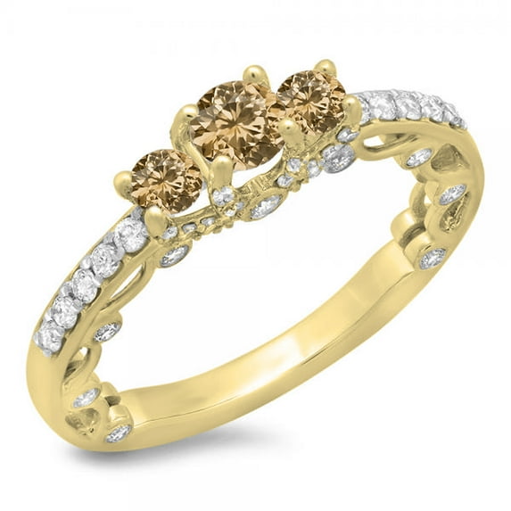 Dazzlingrock Collection 1.15 Carat (ctw) 14K Champagne & White Diamond Vintage 3 Stone Engagement Ring, Yellow Gold, Size 8.5