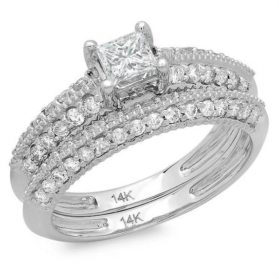 Dazzlingrock Collection 1.15 Carat (ctw) 14K Princess & Round Diamond Ladies Bridal Engagement Ring With Matching Band Set, White Gold, Size 5