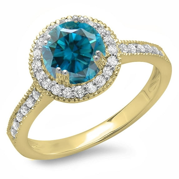 Dazzlingrock Collection 1.15 Carat (ctw) 14K Round Blue & White Diamond Ladies Halo Style Engagement Ring, Yellow Gold, Size 9