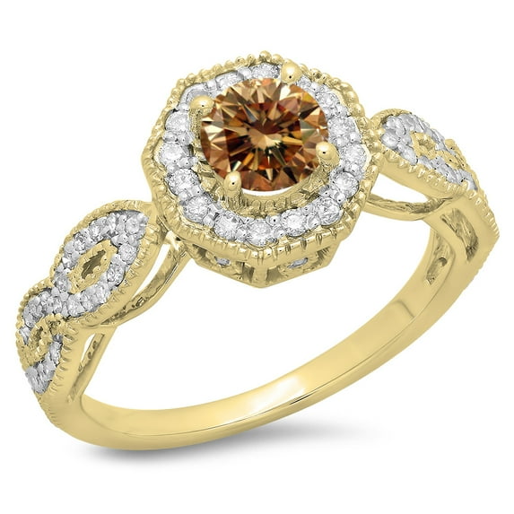 Dazzlingrock Collection 1.15 Carat (ctw) 14K Round Champagne & White Diamond Bridal Halo Engagement Ring, Yellow Gold, Size 10