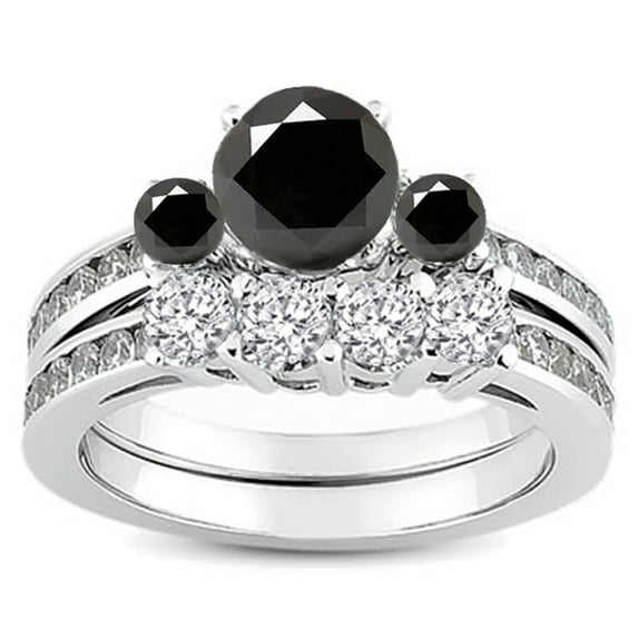 Dazzlingrock Collection 1.15 Carat (ctw) 14k Round Black & White Diamond Ladies Bridal Engagement Ring Matching Band Set 1 1/4 CT, White Gold, Size 6.5