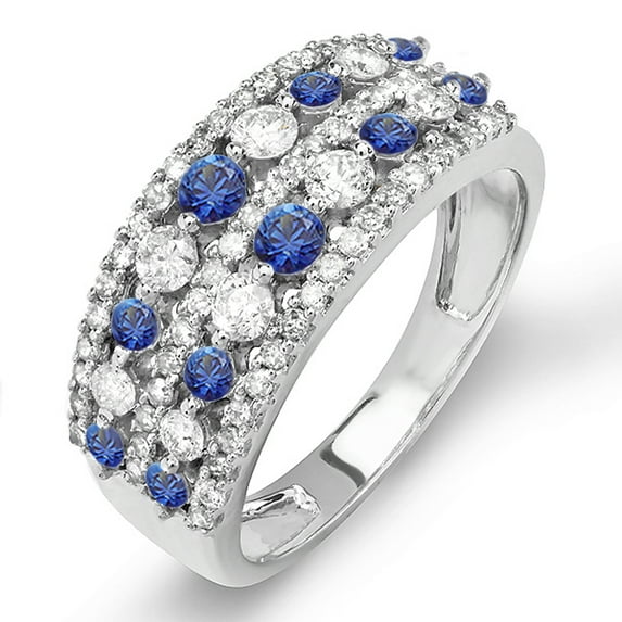 Dazzlingrock Collection 1.15 Carat (ctw) 14k Round Blue Sapphire And White Diamond Ladies Anniversary Wedding Band Ring, White Gold, Size 6.5