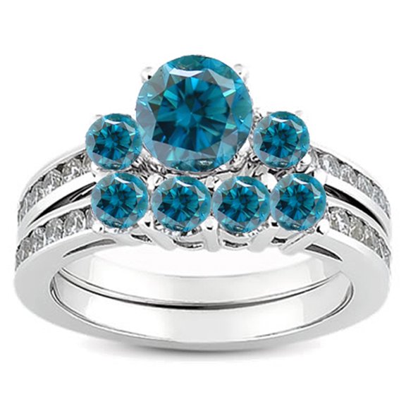 Dazzlingrock Collection 1.15 Carat (ctw) 14k Round Blue & White Diamond Ladies Bridal Engagement Ring Matching Band Set 1 1/4 CT, White Gold, Size 7.5