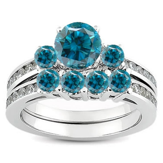 Dazzlingrock Collection 1.15 Carat (ctw) 14k Round Blue & White Diamond Ladies Bridal Engagement Ring Matching Band Set 1 1/4 CT, White Gold, Size 5
